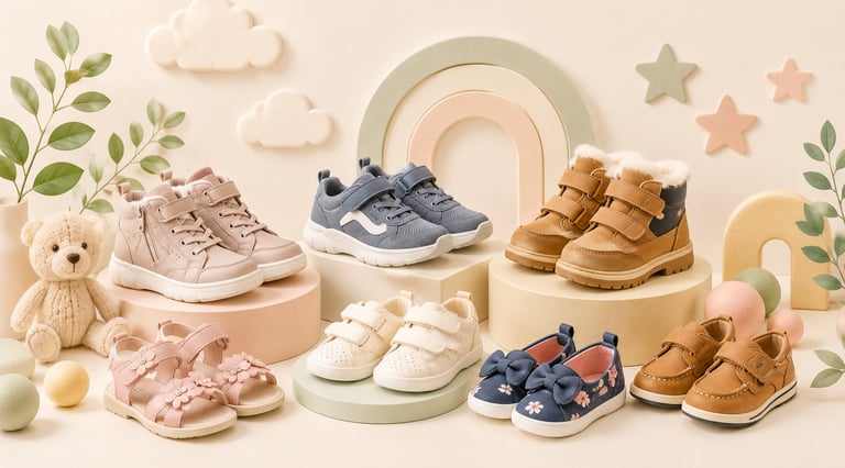 Selection of kids' shoes, boots, and sandals displayed on pastel pedestals with a teddy bear.