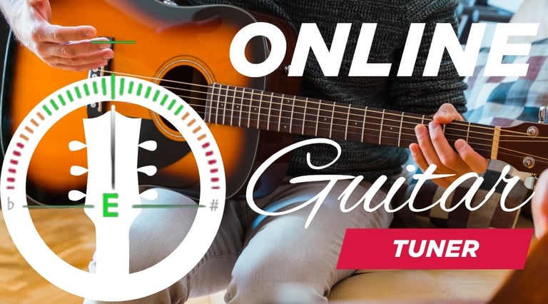 A musician playing an acoustic guitar with an online guitar tuner graphic overlay for tuning strings.