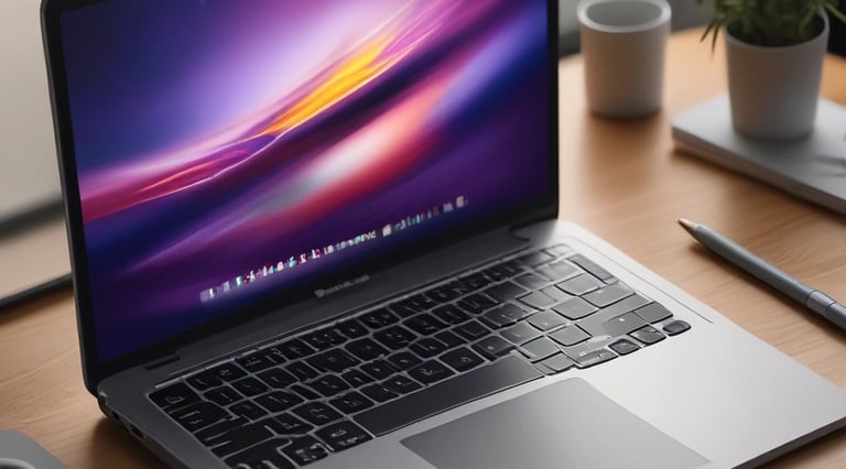 A modern electronics store features a sleek white computer with a large monitor, keyboard, and mouse positioned on a wooden table. The background showcases a wall display of various electronic accessories in white packaging, arranged neatly in rows. The room is illuminated by bright circular ceiling lights, giving a clean and modern ambiance.