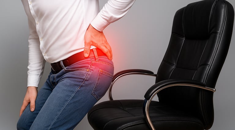 Pain radiating lower back to leg, stiffness and muscle weakness - symptoms of slip disc.