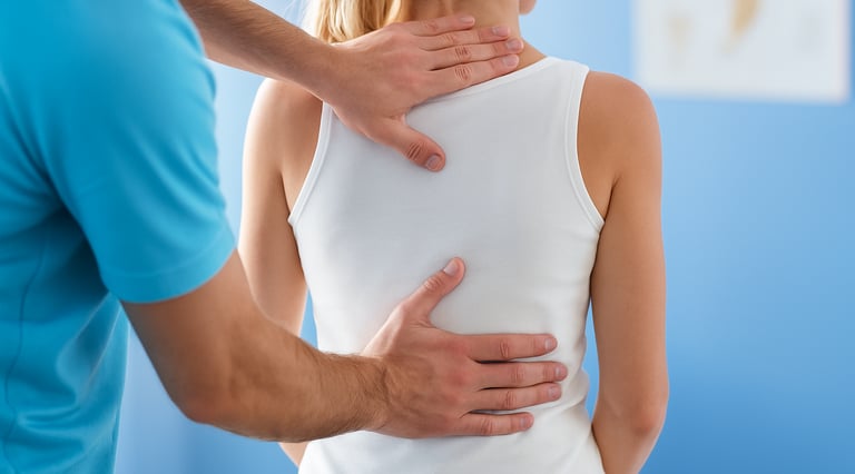 Physiotherapist guiding posture correction exercise for neck and spine.