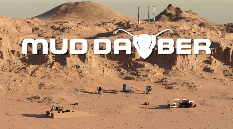 Image of Martian landscape showing construction equipment. Superimposed logo reading Mud Dauber.