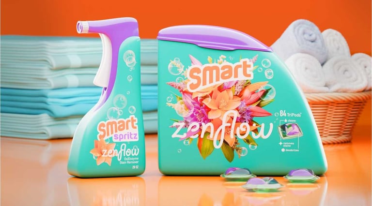 Image showing container and label designs for Smart Zenflow Detergent.