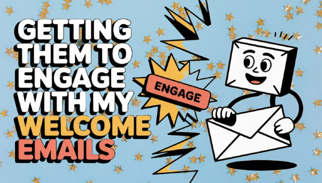 Email marketing graphic about welcome emails engagement with a cartoon envelope character on a star background.