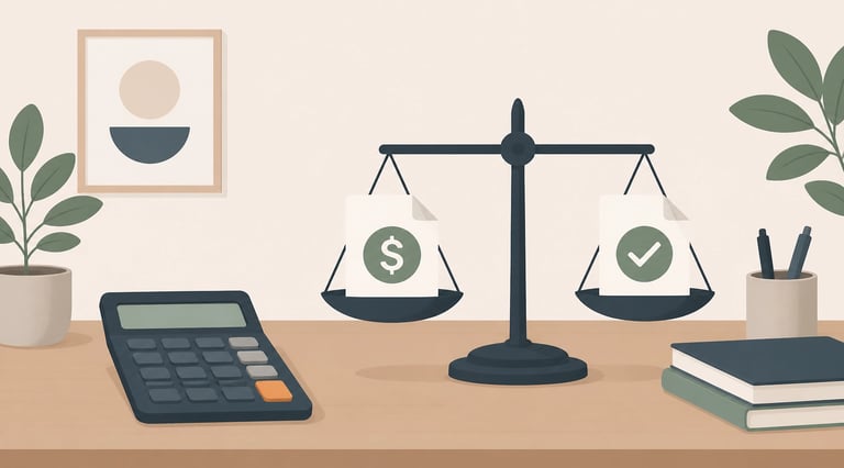 Flat-style vector illustration of a minimalist calculator sitting on a desk next to a scale balancin
