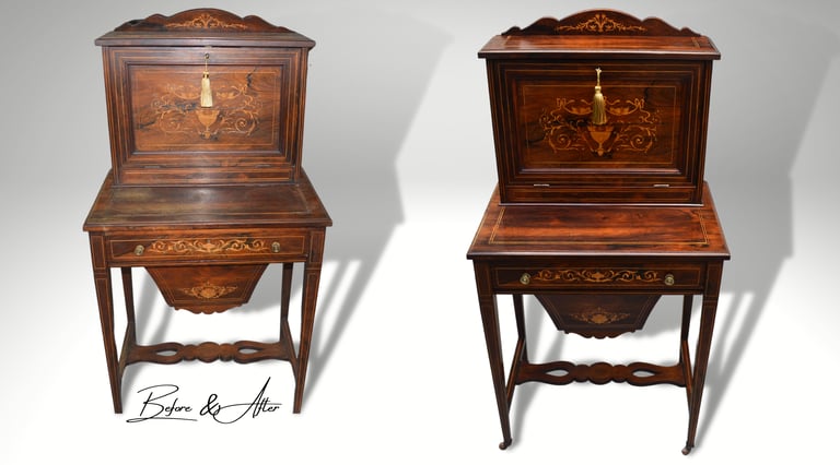 Before and after comparison of an antique bureau desk, showcasing restored wood finish and enhanced brass details, bringing b