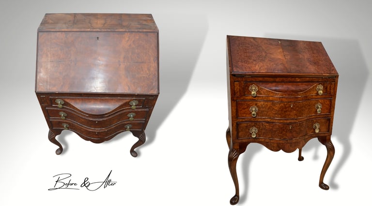 Side-by-side images of an inlaid writing desk before and after restoration, highlighting the meticulous restoration of intric