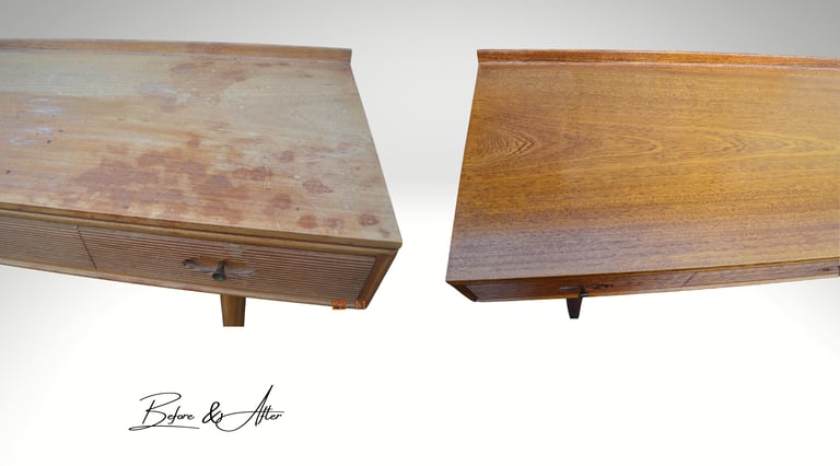 Side-by-side view of a mid-century console table before and after restoration, demonstrating the rejuvenation of the wood sur