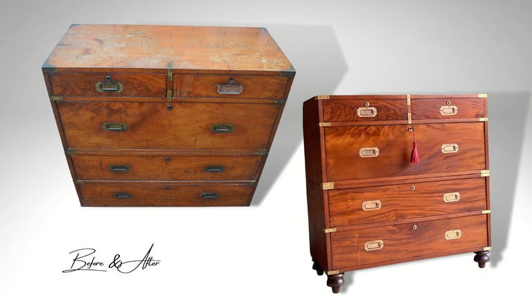 Side-by-side comparison of an antique campaign chest, showing its transformation before and after restoration, highlighting t