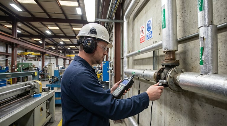 technician detecting compressed air leaks to improve air compressor efficiency