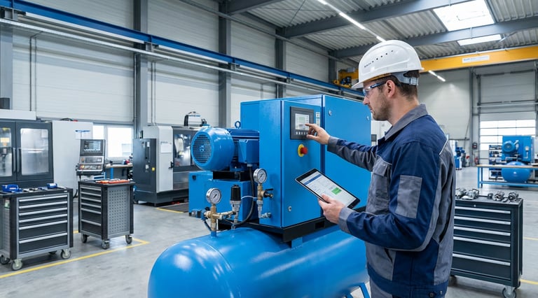 engineer inspecting industrial screw air compressor system before purchase