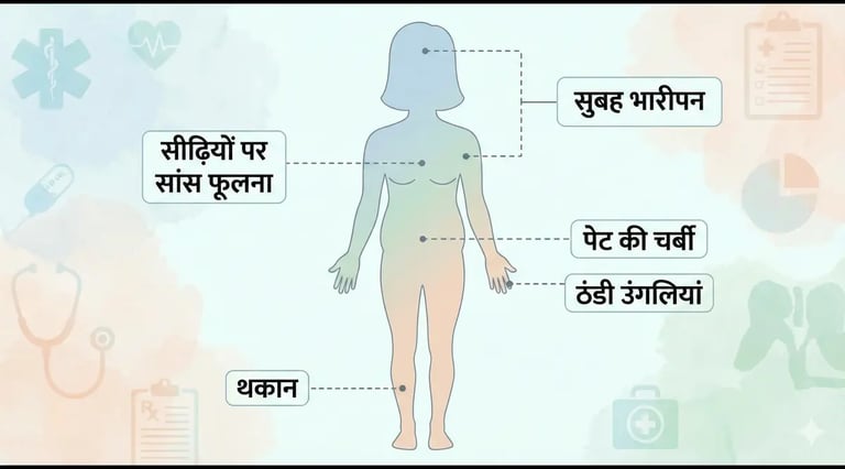 warning signs: shortness of breath on stairs, morning heaviness, belly fat, cold fingers, fatigue