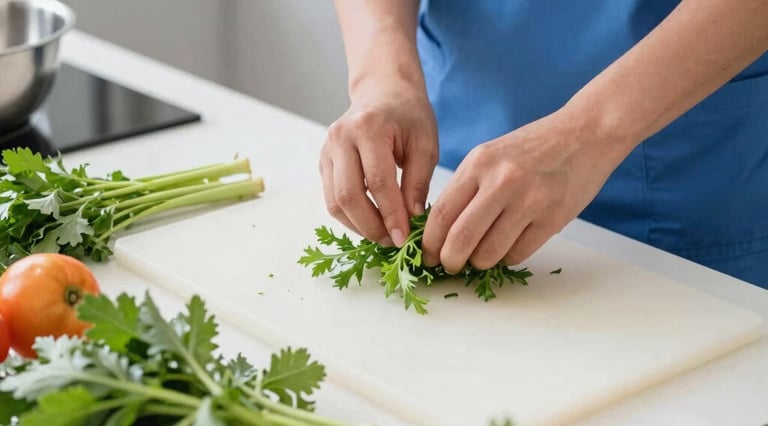 Nahaufnahme von Händen, die frische, bunte pflanzliche Zutaten in einer modernen Großküche zubereiten. Helle, natürliche Beleuchtung. Fokus auf die frischen Zutaten und die sorgfältige Zubereitung. Weitwinkel, 35mm.