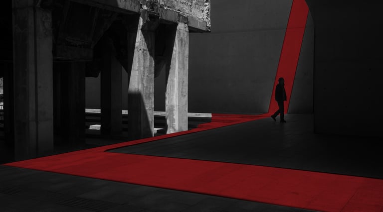 a person walking down a street with a red carpet