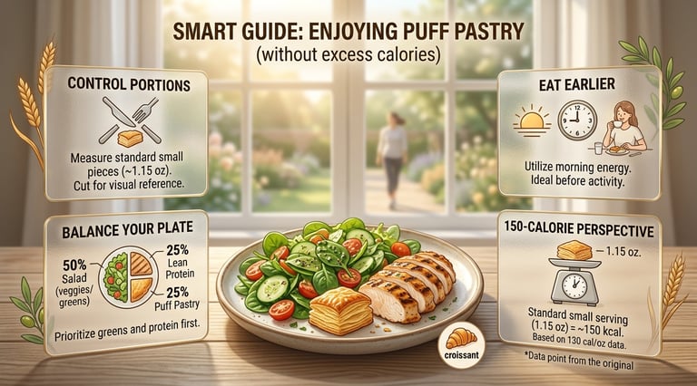 Balanced meal with puff pastry, salad, and protein showing portion control and healthy eating tips