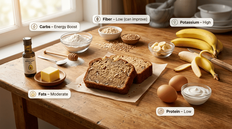 Banana bread nutrition breakdown with carbs, fats, protein, fiber, and potassium shown using ingredi