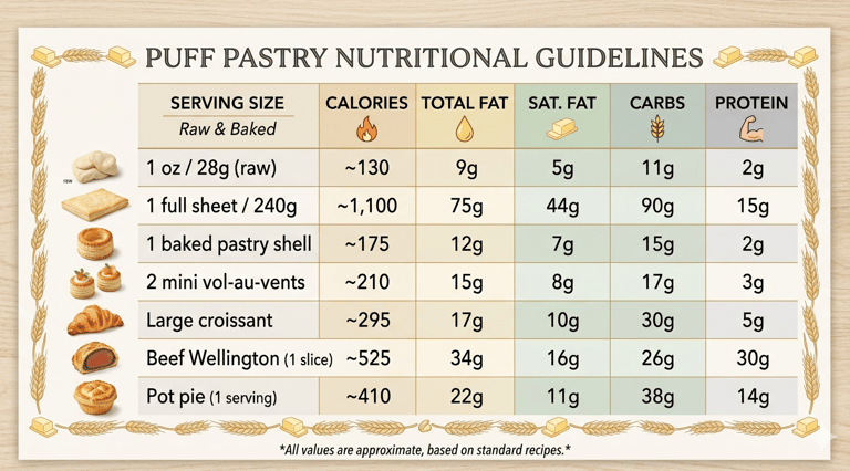 Puff pastry nutritional guidelines chart showing calories, fat, carbs, and protein for items like cr