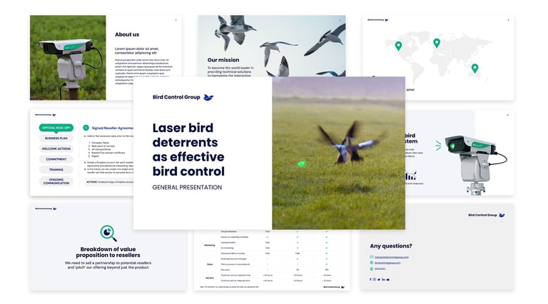 Collage mostrando distintas diapositivas de la presentación general de Bird Control Group