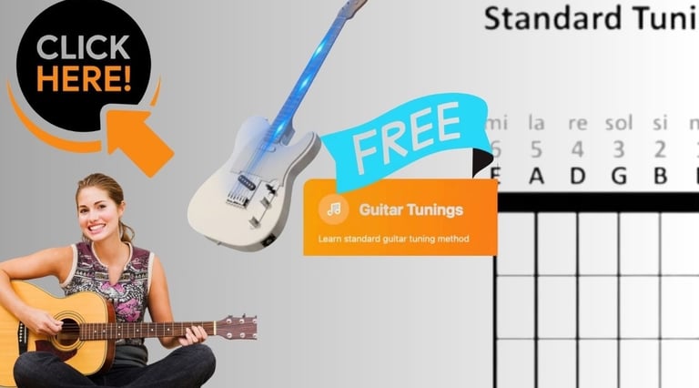 A smiling woman playing acoustic guitar next to a standard guitar tuning chart and a free electric guitar lesson banner.