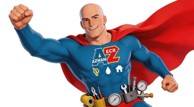 Azman ECR home repair superhero mascot with a tool belt for plumbing and electrical services.