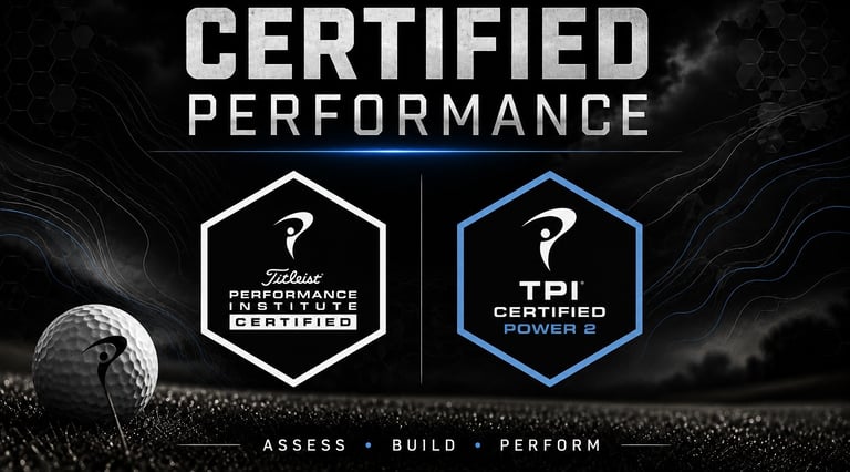 Titleist Performance Institute TPI Certified Power 2 logo with a golf ball for athletic performance.