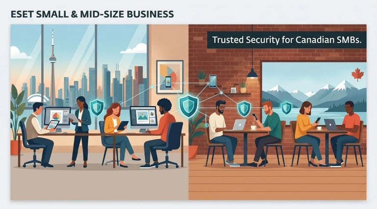 ESET security for Canadian SMBs: Toronto design agency and Vancouver tech cafe protected by blue shields.