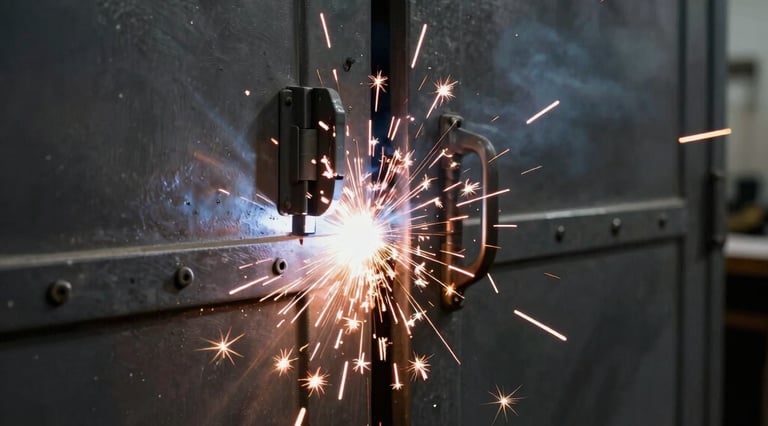 Close-up of sparks flying from electric welding on metal doors in a dark workshop, gritty industrial photography