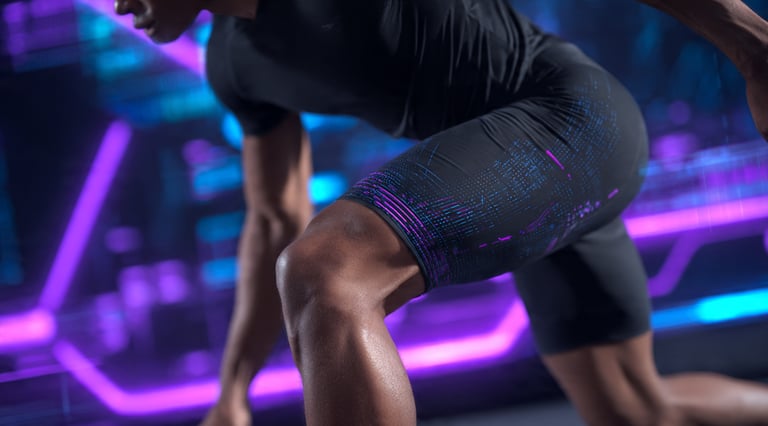 Close nas pernas de atleta fazendo agachamento com bermuda técnica e luzes neon.