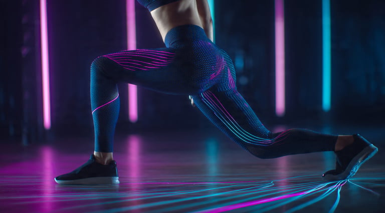 Pernas de atleta em legging azul de alta compressão, com luzes neon e efeitos de suporte.