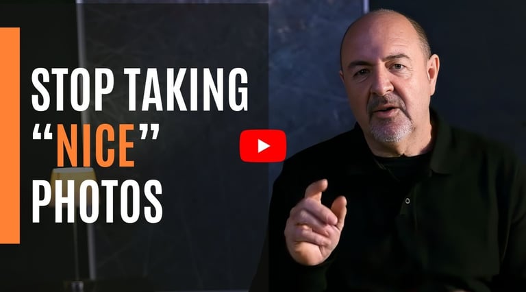 A photograph of Martin Osner for youtube thumbnail which shows him saying "Stop taking Nice Photos"