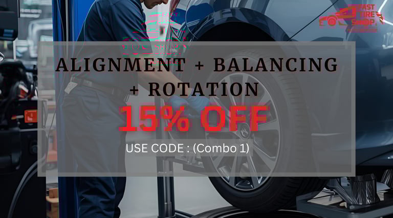 Alignment, tire balancing and rotation combo service with 15% off at Fast Tire Shop.