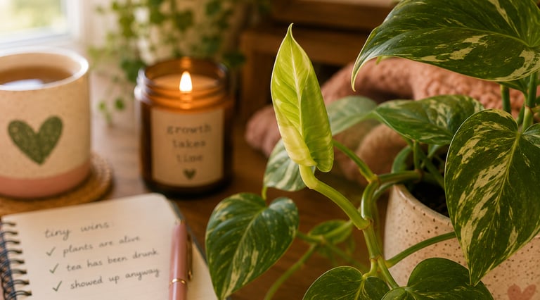 A cozy workspace featuring a variegated pothos houseplant, a lit candle, and a gratitude journal.