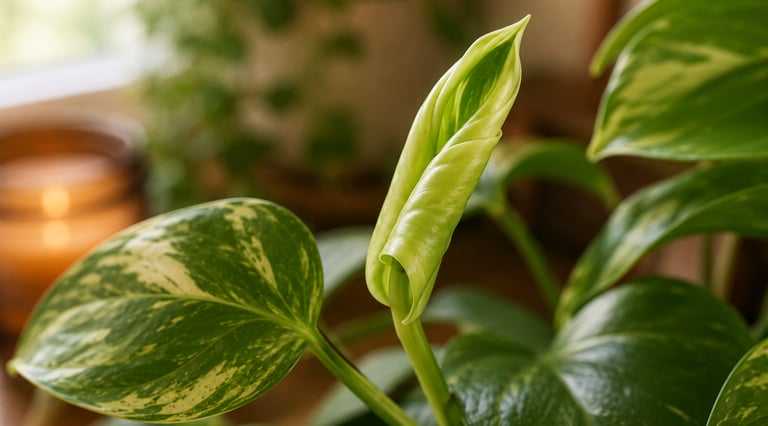 Close-up of a new Pohos leaf unfurling beside healthy green foliage in soft natural light.