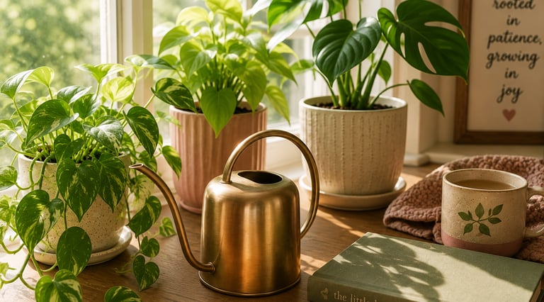 Brass watering can beside a sunny window surrounded by thriving indoor houseplants and warm morning