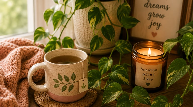 Warm cup of tea beside trailing pothos plants and a softly glowing candle in an indoor plant corner