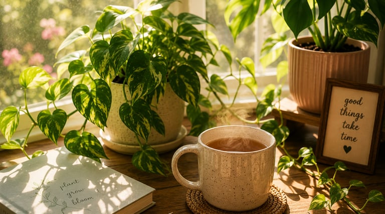 Morning sunlight shining through lush houseplants beside a steaming cup of tea on a wooden table.