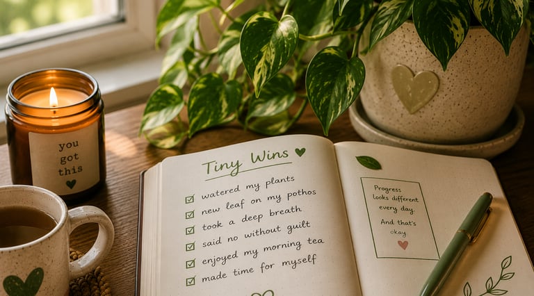 Open journal with a Tiny Wins checklist beside a healthy pothos plant, candle, and cozy cup of tea.