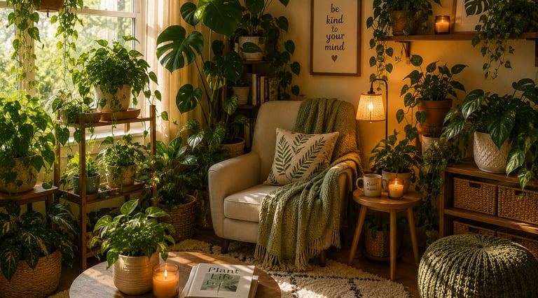 Peaceful reading nook with thriving houseplants, warm lighting, cozy blankets, and comfortable chair