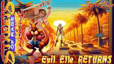 Streets of Rage characters against a sunset backdrop with palm trees and a cityscape..
