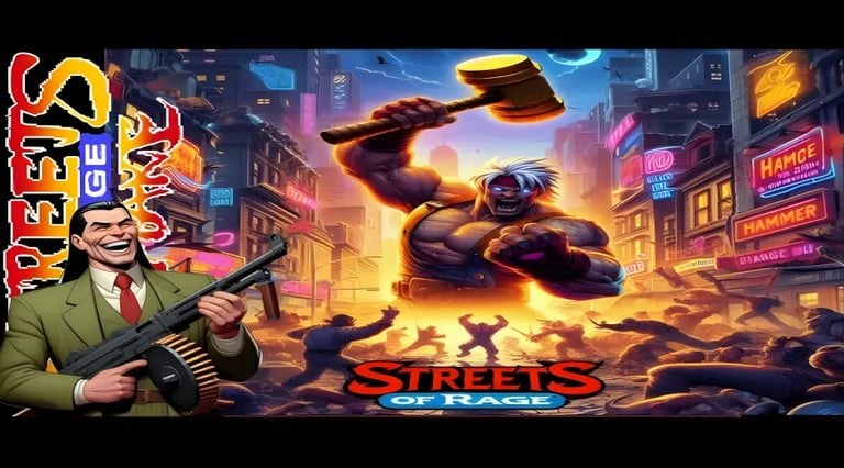 a man in a suit and tie with a gun in front of a city streets of rage