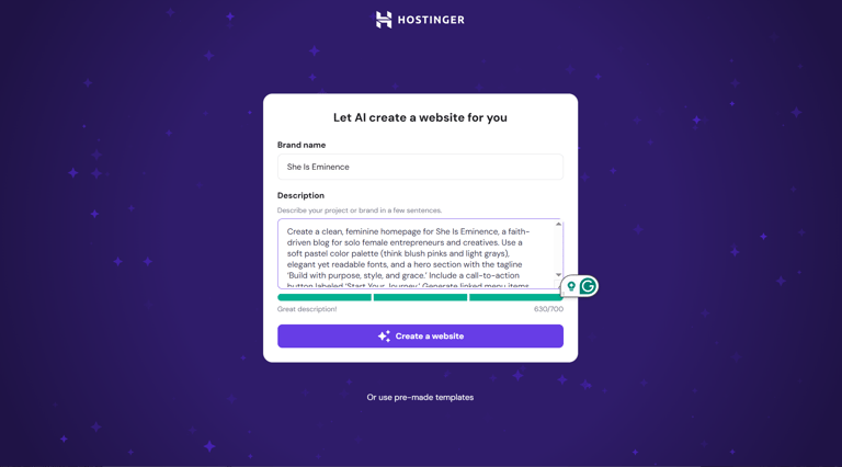 Hostinger AI prompt page on a purple background