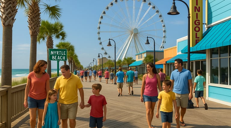 Families enjoying the Myrtle Beach boardwalk with a Ferris wheel, ocean views, and palm trees under a bright blue sky.