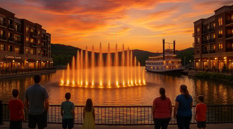 Fountain show at Branson Landing with families watching by the lakeside at sunset and Ozark hills in the background.