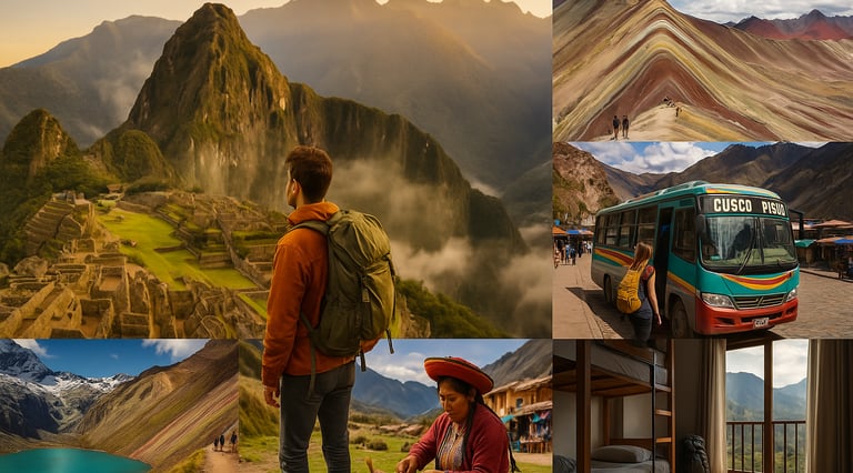 Collage of Peru travel scenes: a hiker at Machu Picchu, colorful Rainbow Mountain, a Cusco–Pisac bus, Laguna 69 lake, a woman
