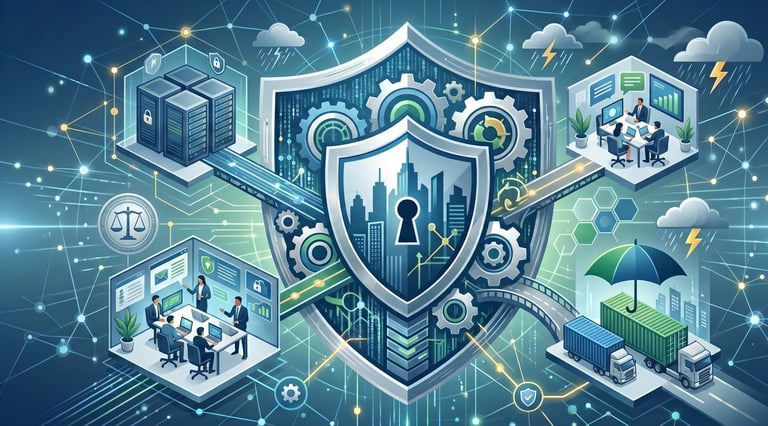 Infografía de ciberseguridad estratégica: escudo central uniendo infraestructura, logística y datos