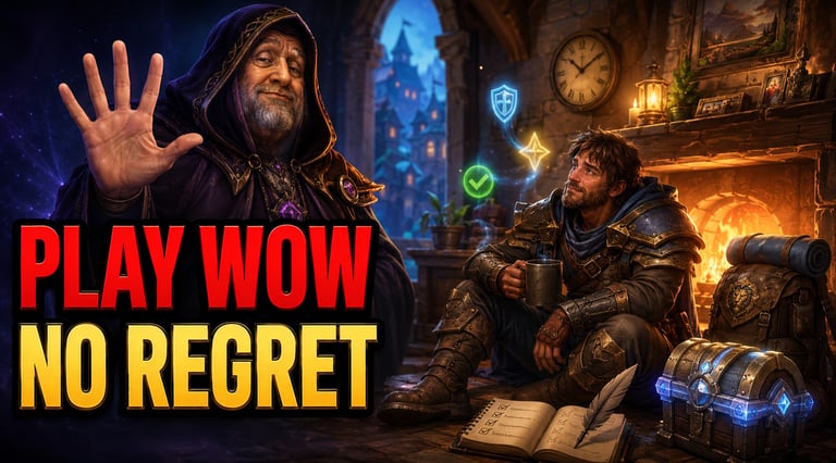 World of Warcraft-inspired fantasy thumbnail showing Emperor Noob Sidious guiding a relaxed adventurer away from WoW burnout