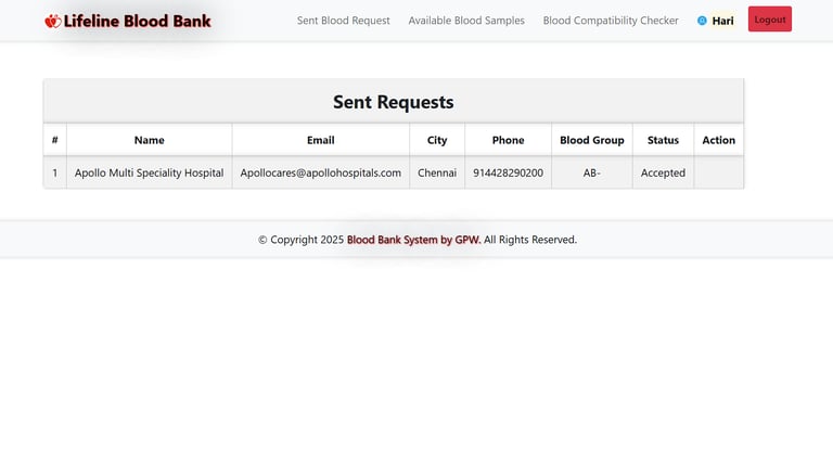 Blood Bank Management System - Receiver View Sent Requests Page