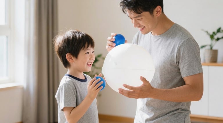 parent teaching kid about planet saturn with 2 balls