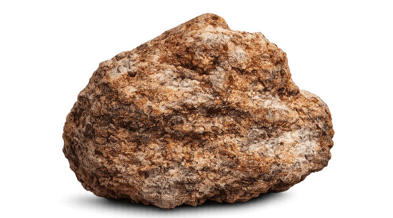 A textured brown and white mineral rock specimen isolated on a solid black background.