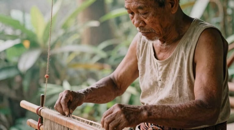 A local Toraja elder weaving a traditional textile on a wooden loom under soft, filtered jungle light, warm editorial travel photography, 35mm lens.